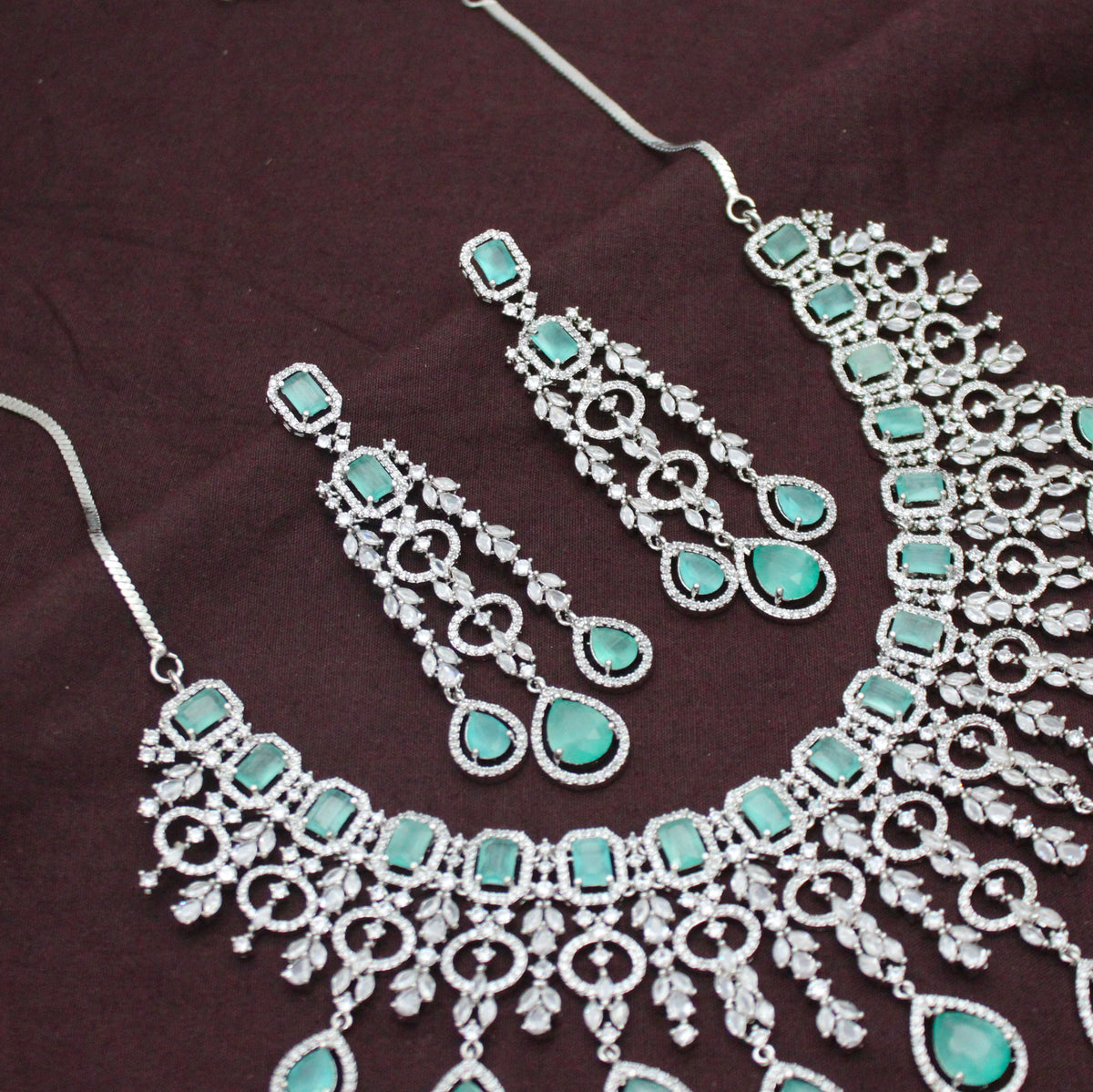 Bridal Short Platinum Mint Green Square Stone Drop Necklace Set With Push Back Bridal Earrings Premium Jewellery For Party Wear 42889