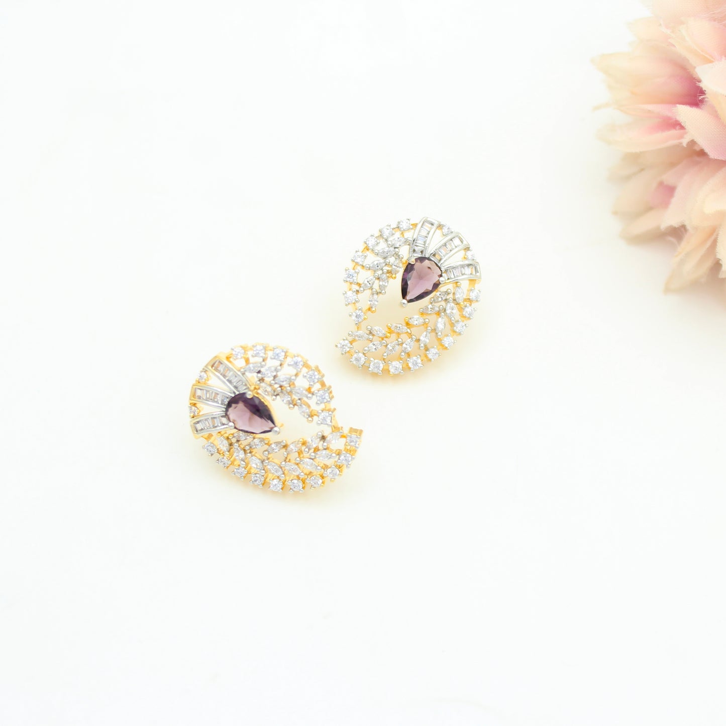 Diamond Look Purple Pendant Set With Push Back Earrings And Openable Hook 42871