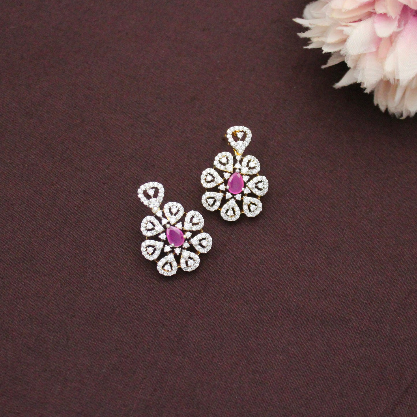 Diamond Look Premium Red Openable Hook Pendant Set With Push Back Earrings 42905