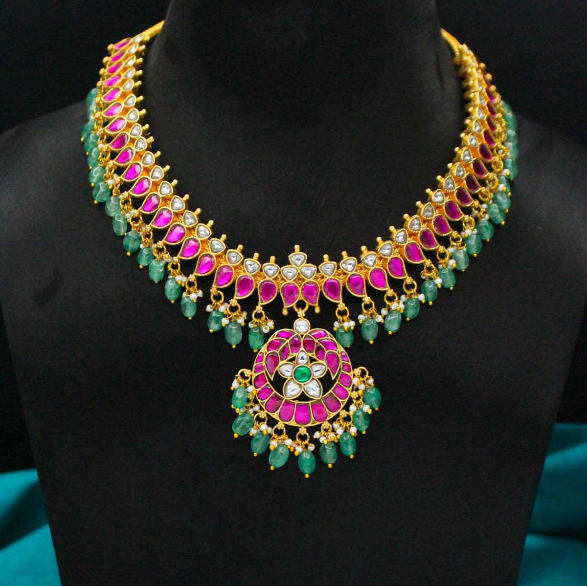Premium Jadau Kundan Multi Floral Short Necklace With Green Beads 42934