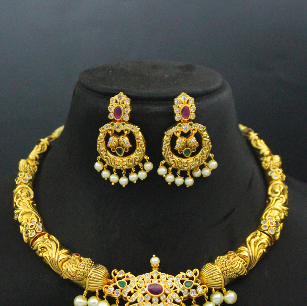 Traditional Multi Stone Peacock Kante With Screw Back Chandbali Earrings 40725
