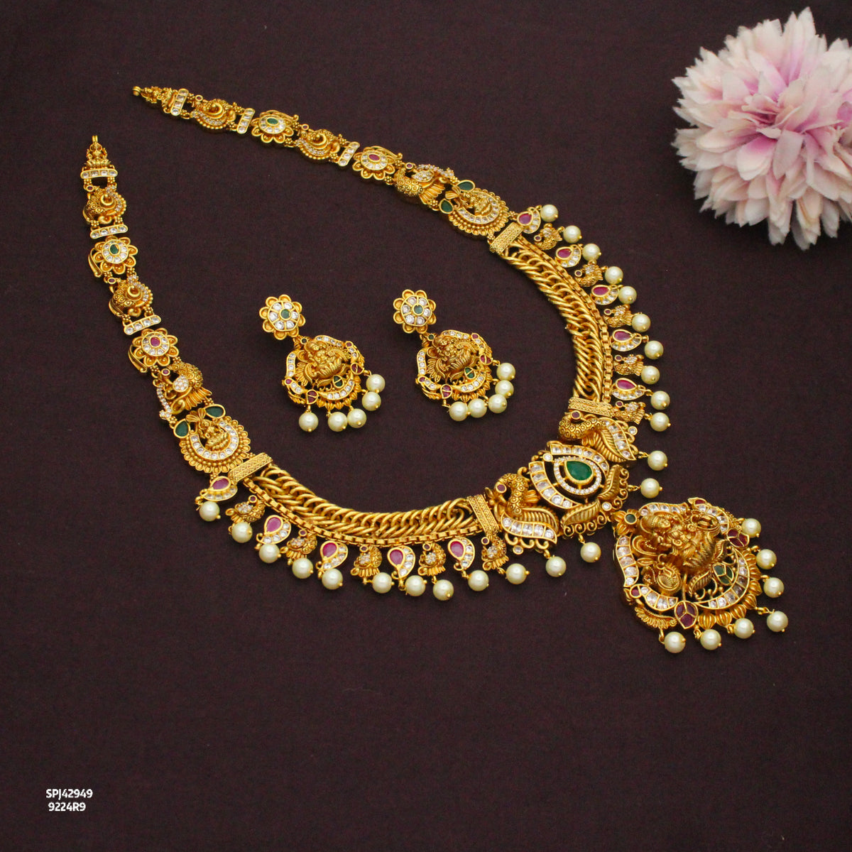 Premium Nakshi Laxmi Peacock Long Jalebi Necklace Set Multi Stone With Screw Back Earrings 42949
