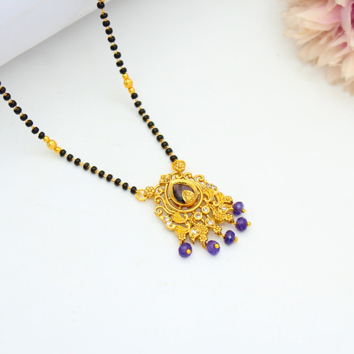 Elegant Drop Stone Peacock Black Beads Purple 42966