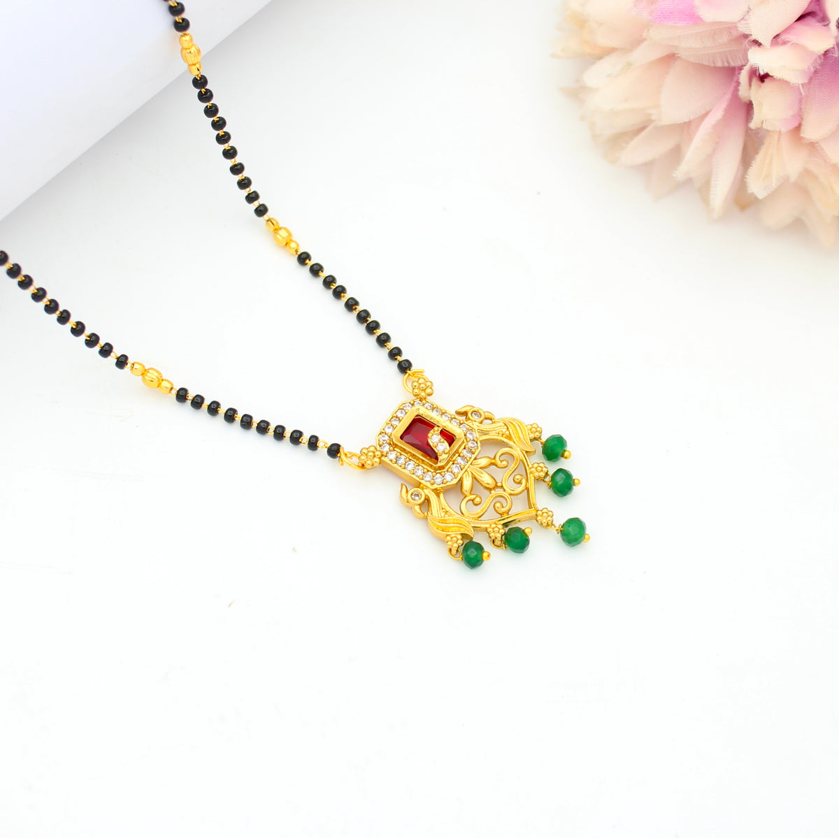 Fancy Red Square Stone Peacock Black Beads 42973