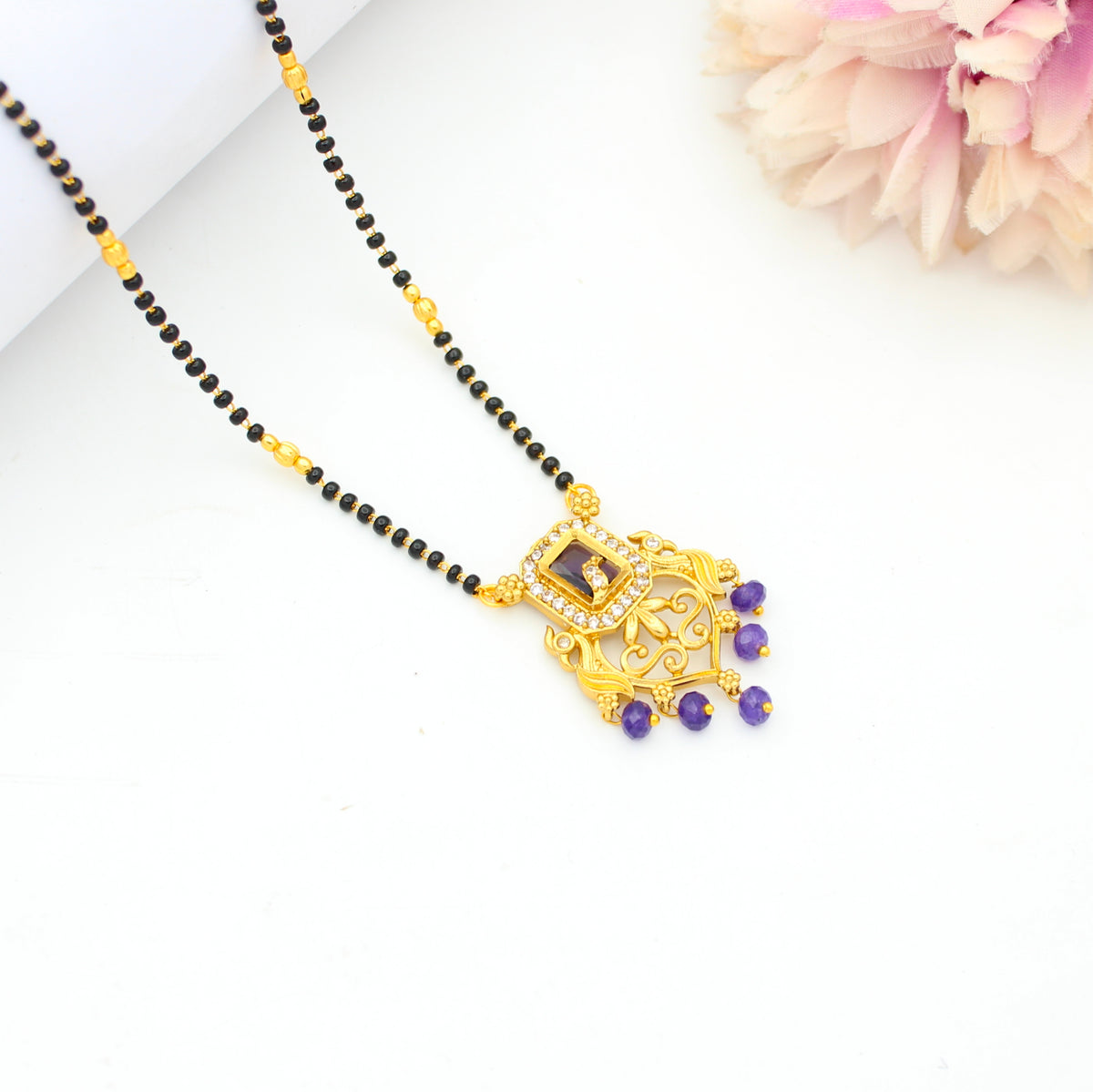 Fancy Purple Square Stone Peacock Black Beads 42975