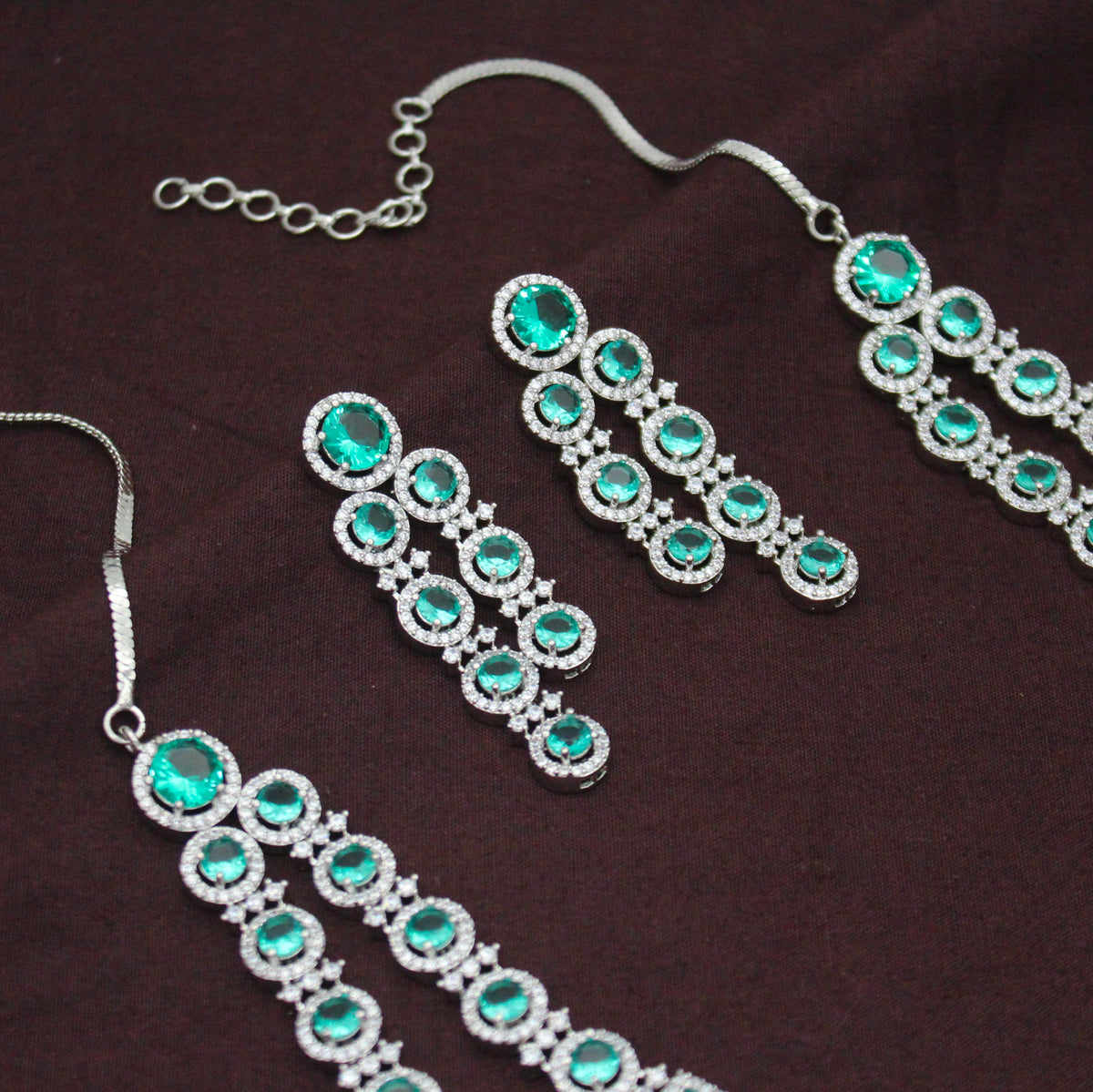 Premium 3 Layers Square Stone Rama Green Short Platinum Necklace Set With Push Back Earrings 42998