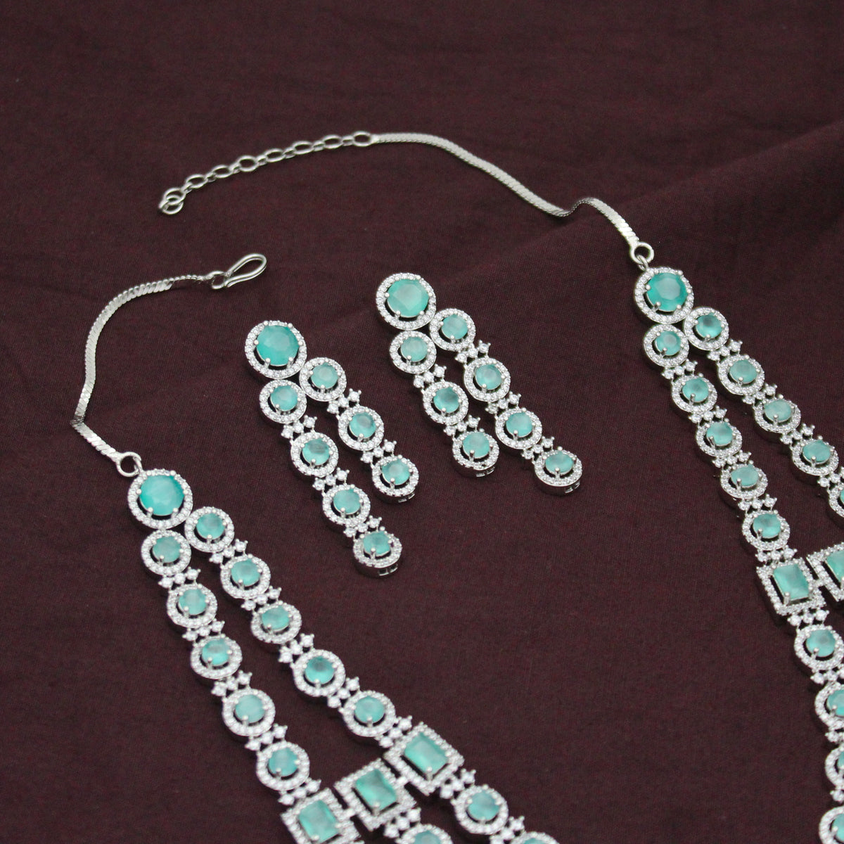 Premium 3 Layers Square Stone Platinum Mint Green Short Necklace Set With Push Back Earrings 42995