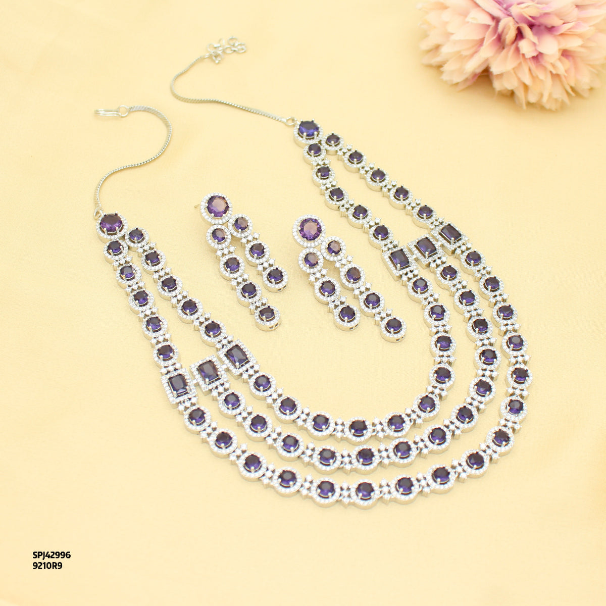 Premium 3 Layers Square Stone Platinum Purple Short Necklace Set With Push Back Earrings 42996