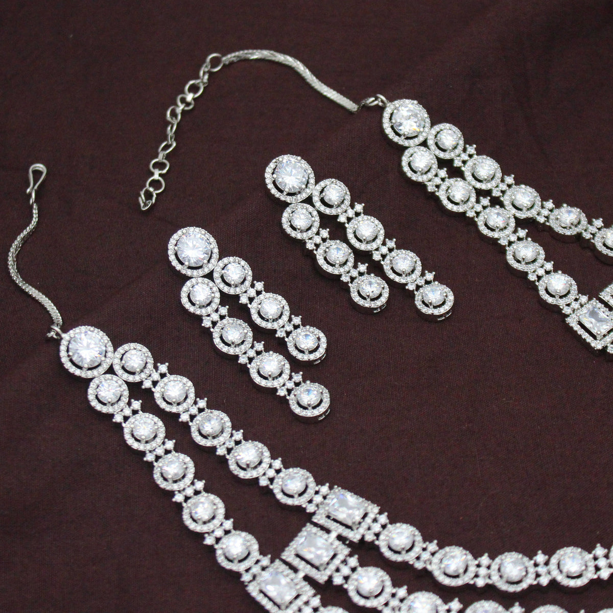 Premium 3 Layers Square Stone Platinum Full White Short Necklace Set With Push Back Earrings 42993