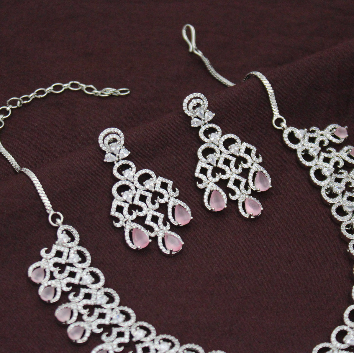 Platinum Party Wear Drop Pattern Mint Pink Stones Short Necklace Set With Push Back Earrings 43010