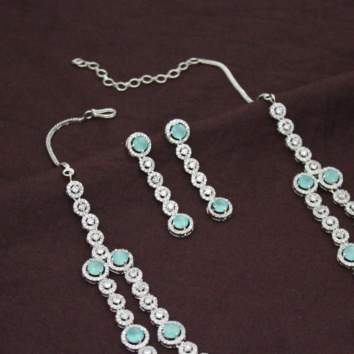 Premium Platinum 2 Layers Round Stone Mint Blue Short Necklace Set With Push Back Earrings 43019