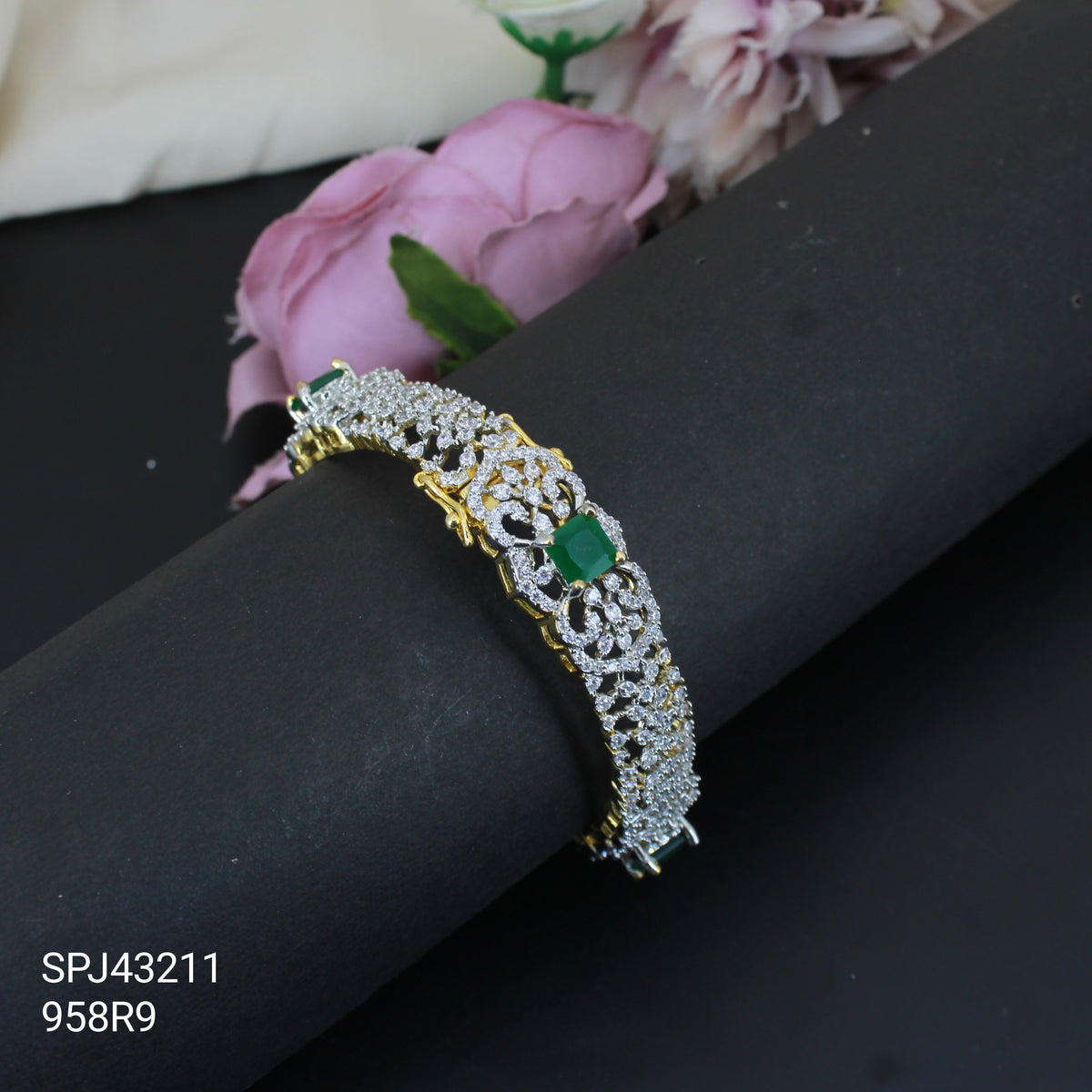 43211 GJ diamond look single kada Bangle Green Stone