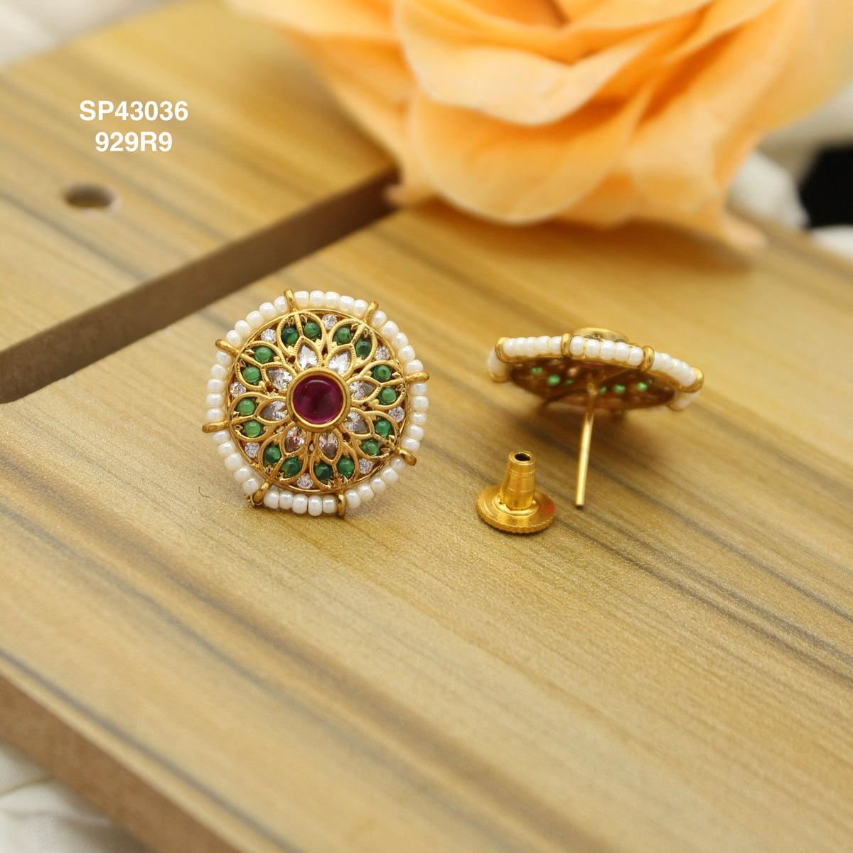 Multi colour Floral gold Look studs with pushback SP-42036