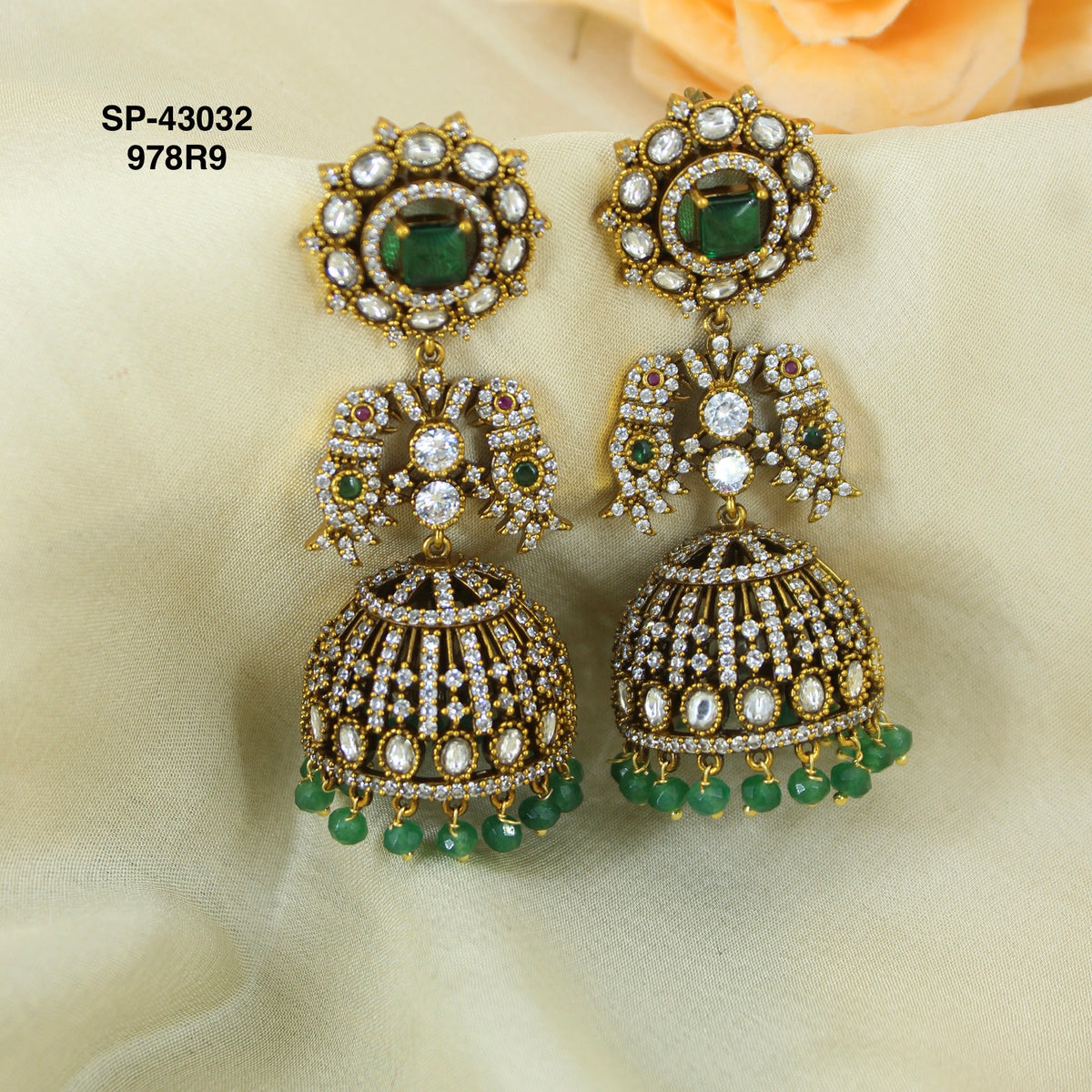 Victorian Bridal heavy Jhumkas with green stones SP43031
