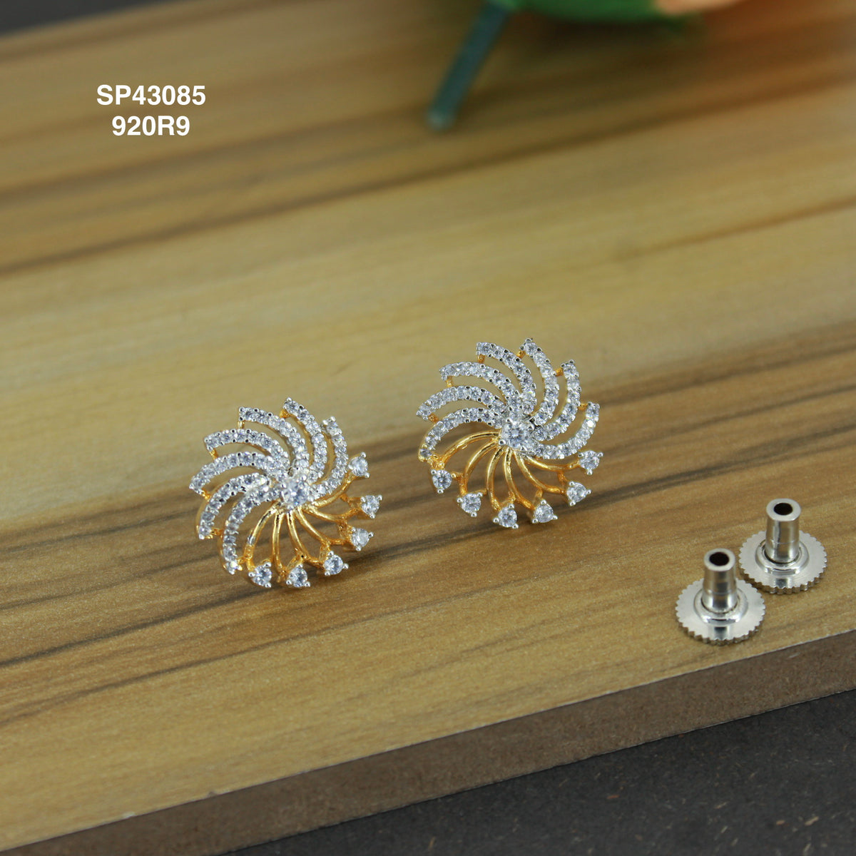 Diamond look full white round stud earrings with push back closure