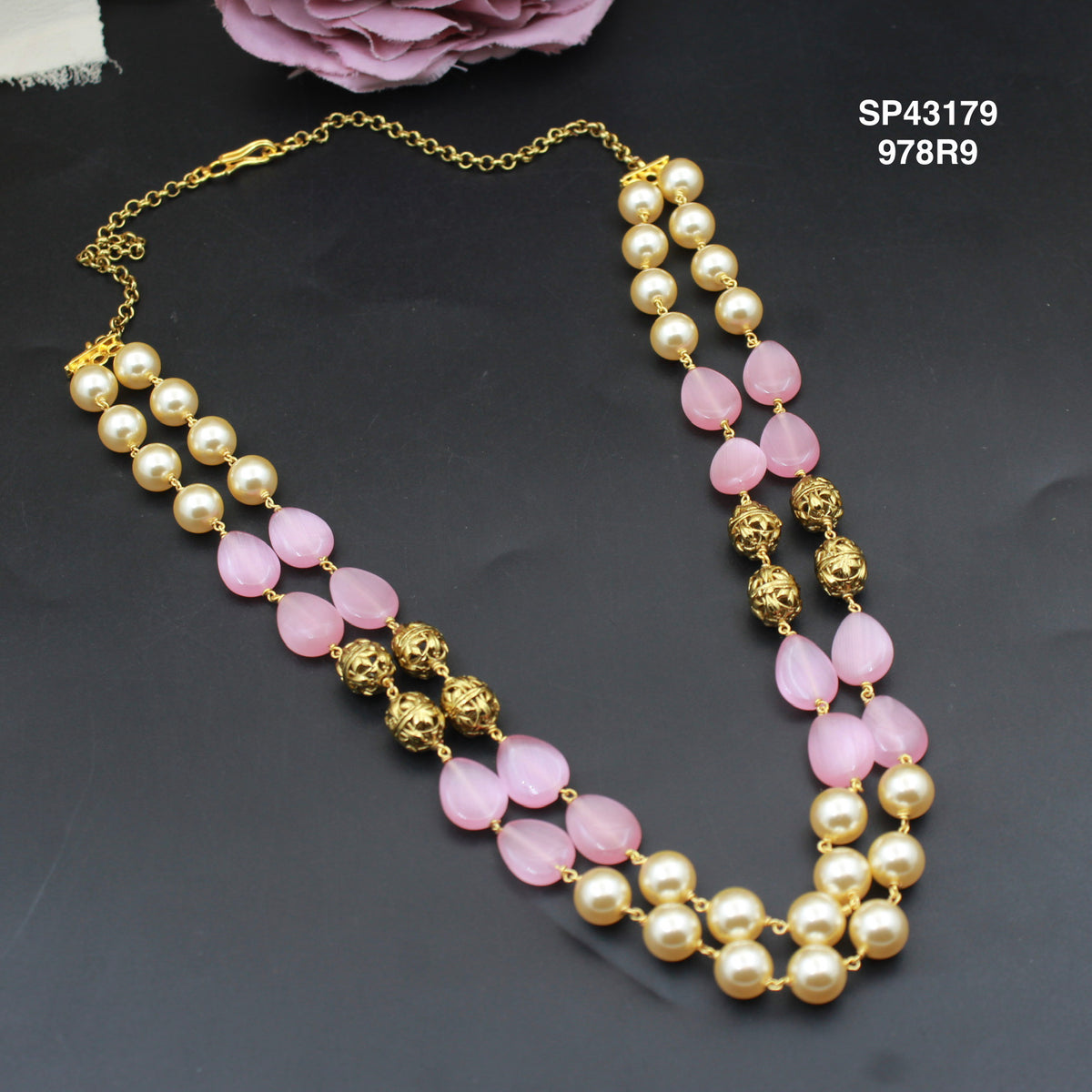 2 Lines Handmade Swarovski Pearl Mala With Nakshi Balls And Light Pink Monalisa Beads 43179
