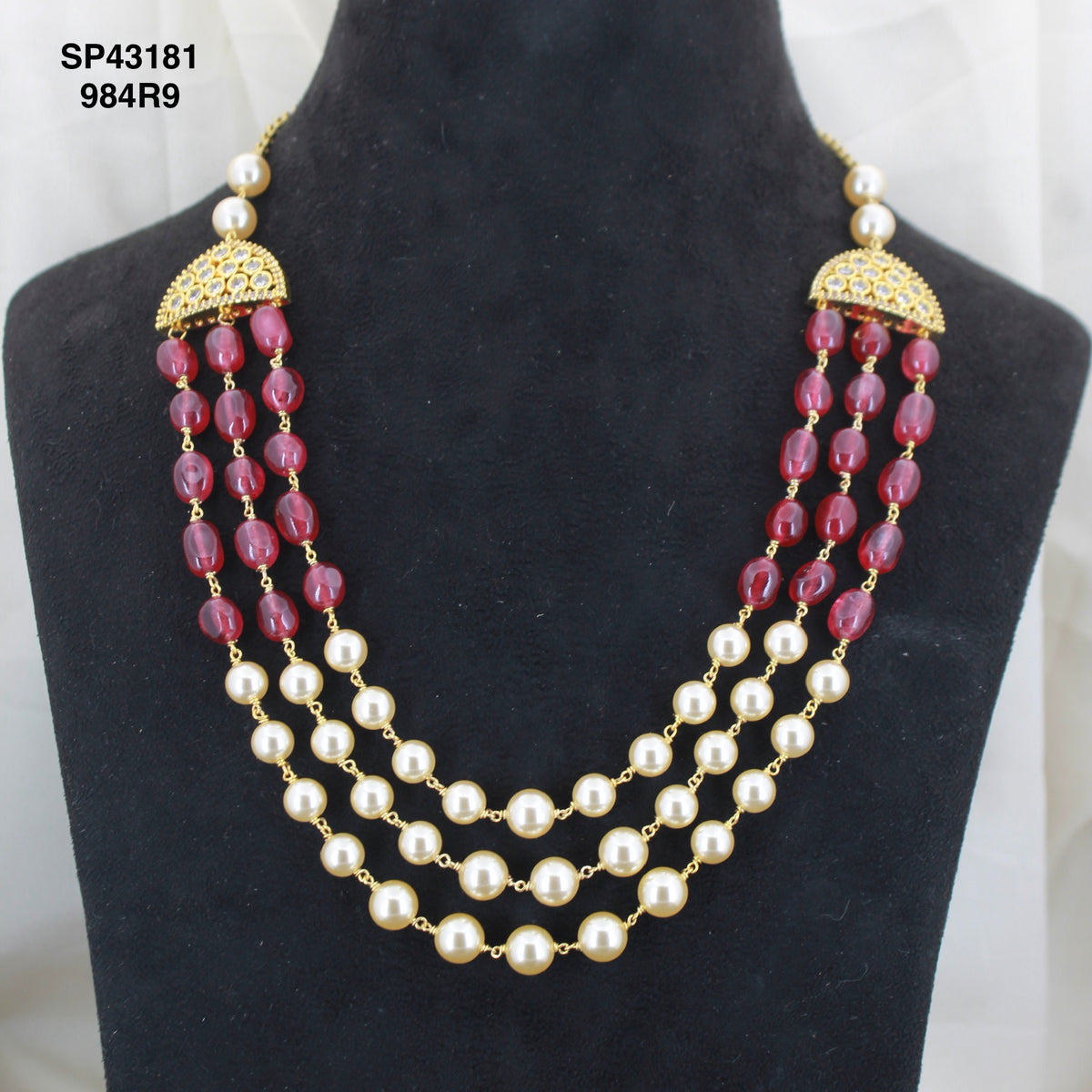 3 Lines Handmade Swarovski Pearl Mala With Nakshi Balls And Red Monalisa Beads 43181
