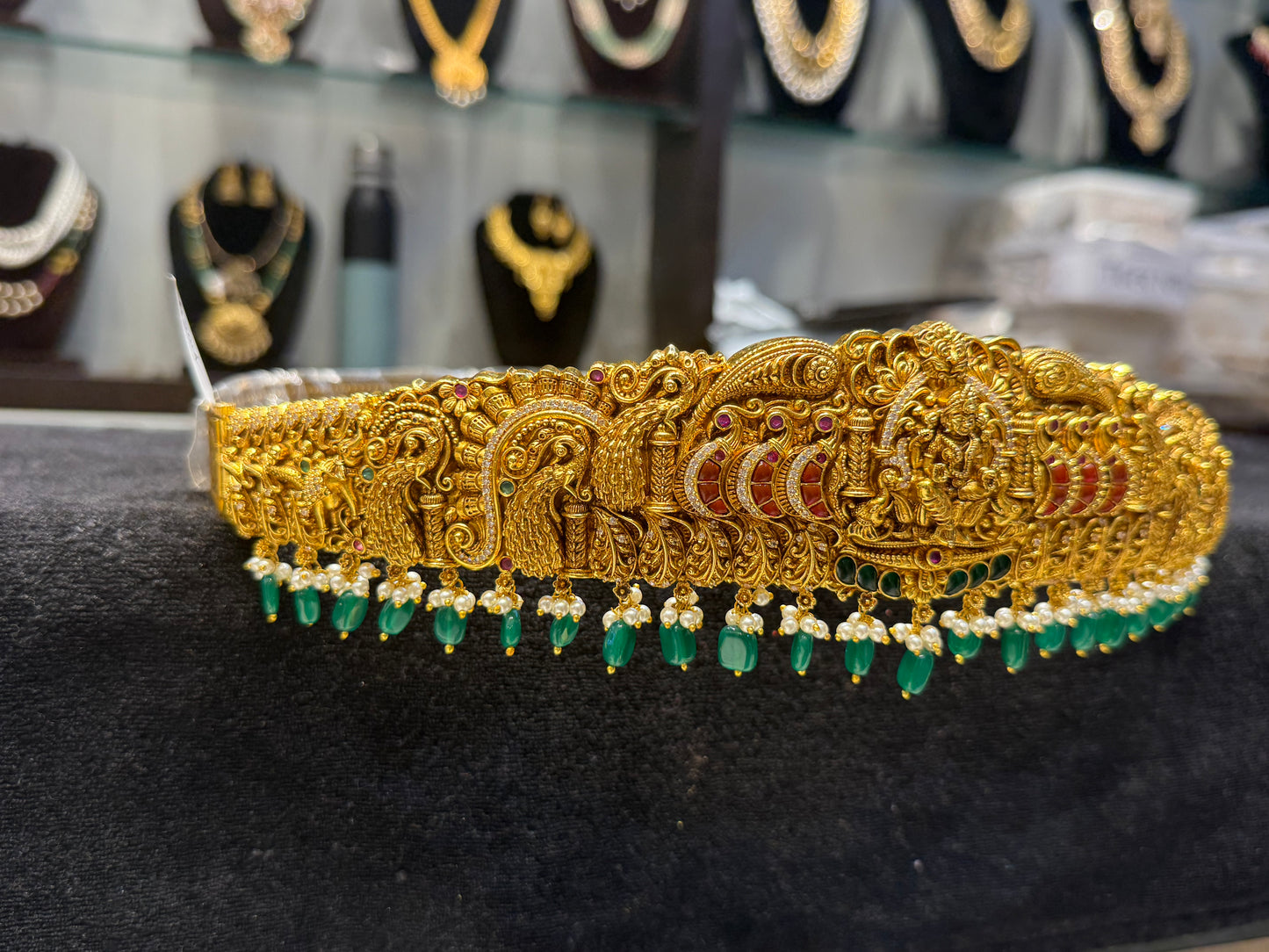 39424 Nakshi jadau kundan Vaddanam with monalisa drops and printed belt