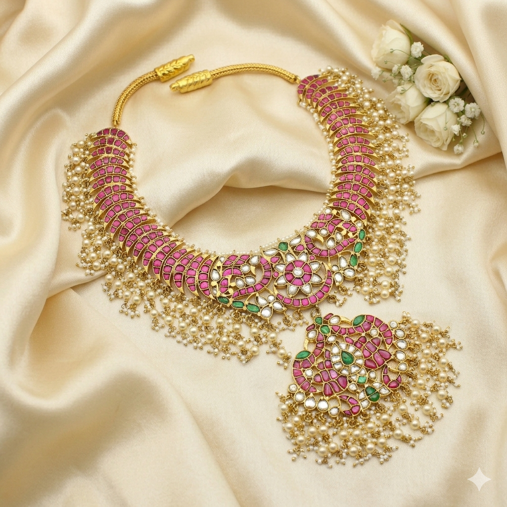 Jadau Kundan Peacock Necklace with Double Layer Pearls Making – 42076 / 42230