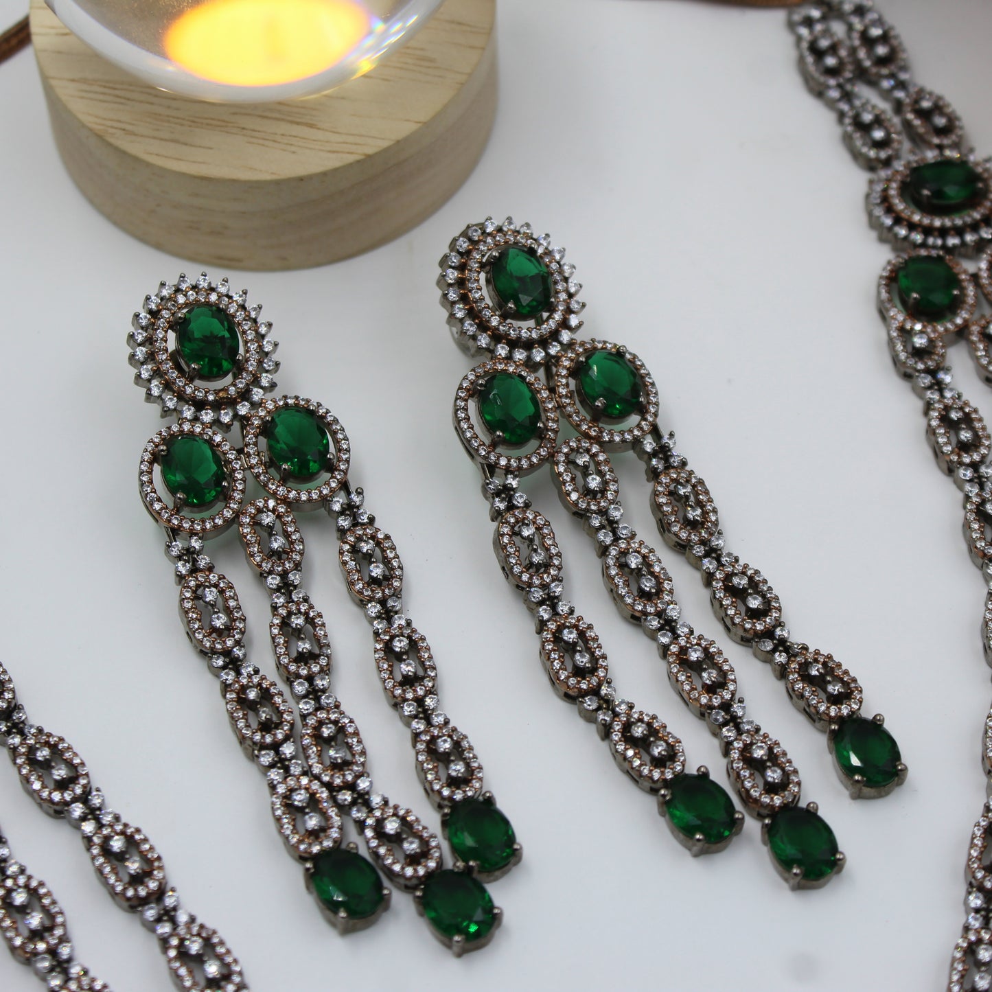 Victorian 3 Layers Long Green Necklace Set