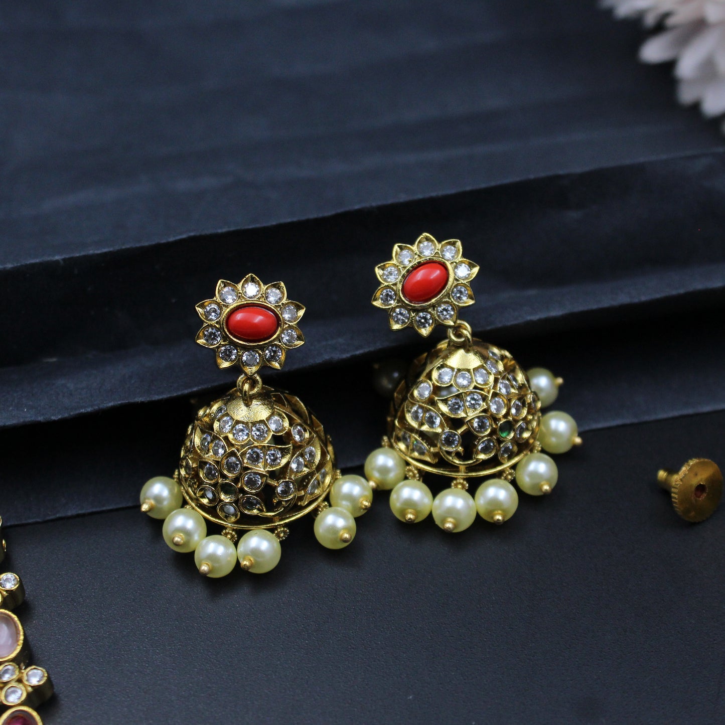 39856 Navratna 2 line necklace with coral Jhumkas