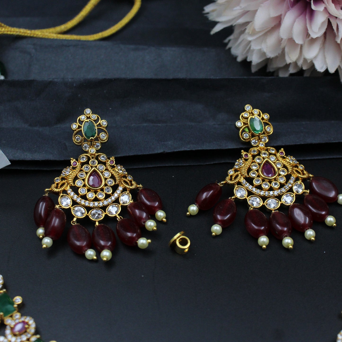 13299 Matte double peacock 3/4 necklace with screwback earrings