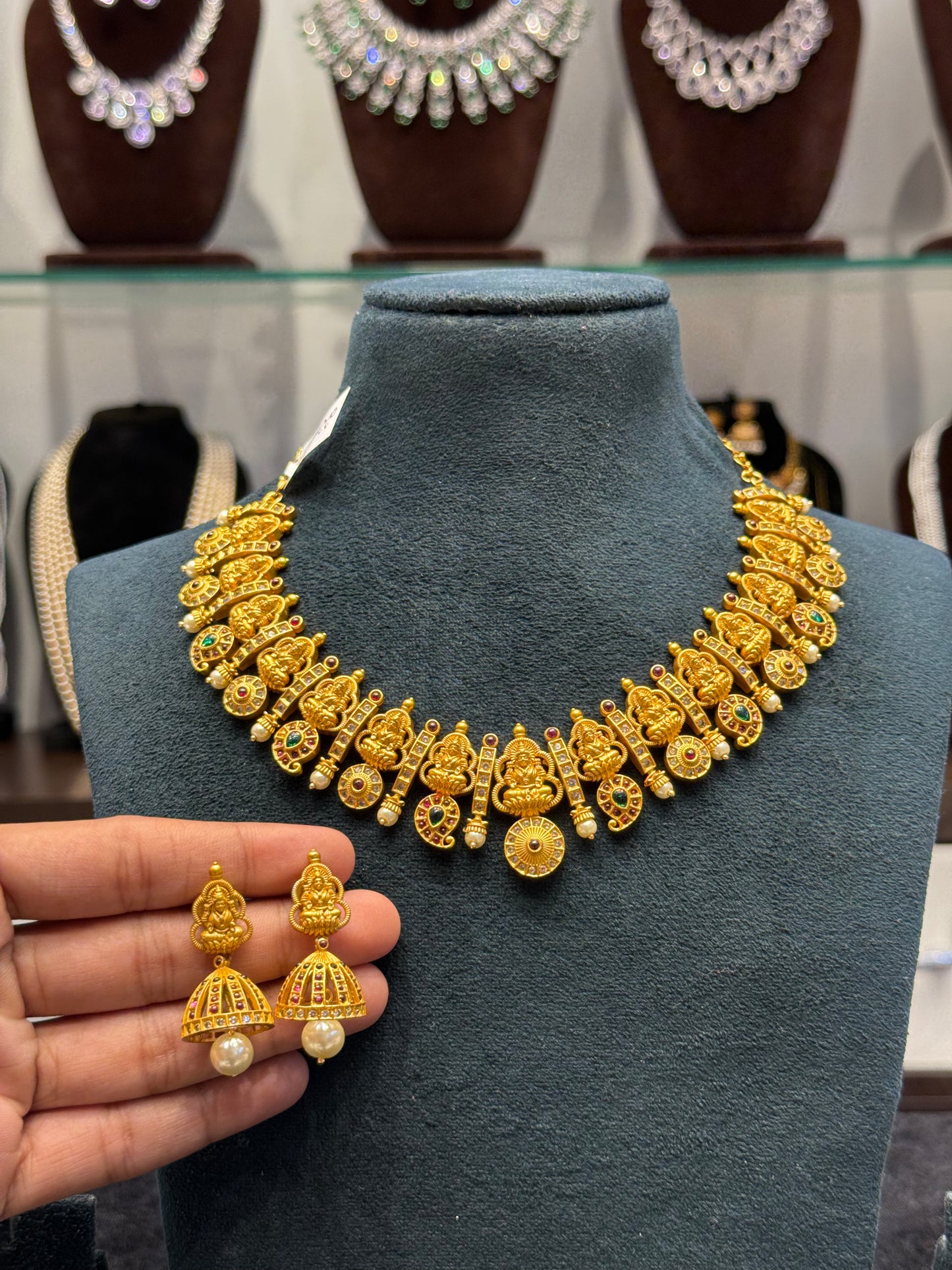 15303 Lakshmi single line Bottu and mango design necklace with Jhumkas
