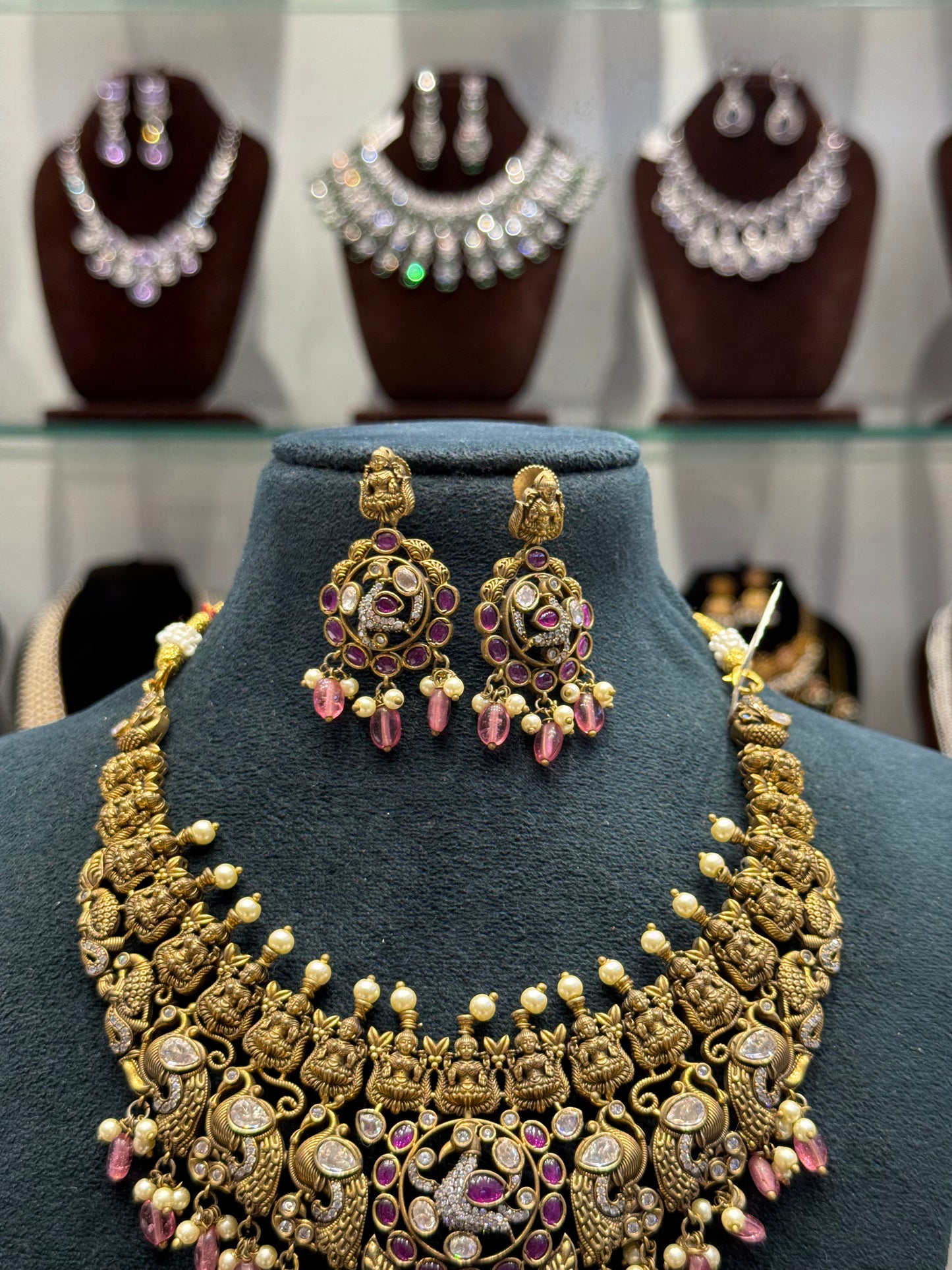 Lakshmi Devi and peacock pattern Victorian mehendi polish bridal necklace