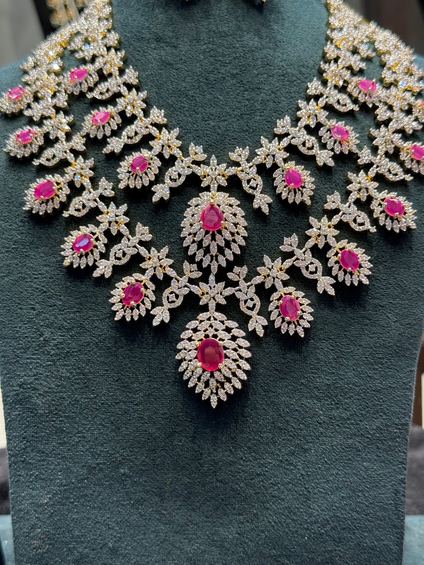 39787 Real Diamond Look 2 layers necklace bridal with Ruby stones and screwback earrings