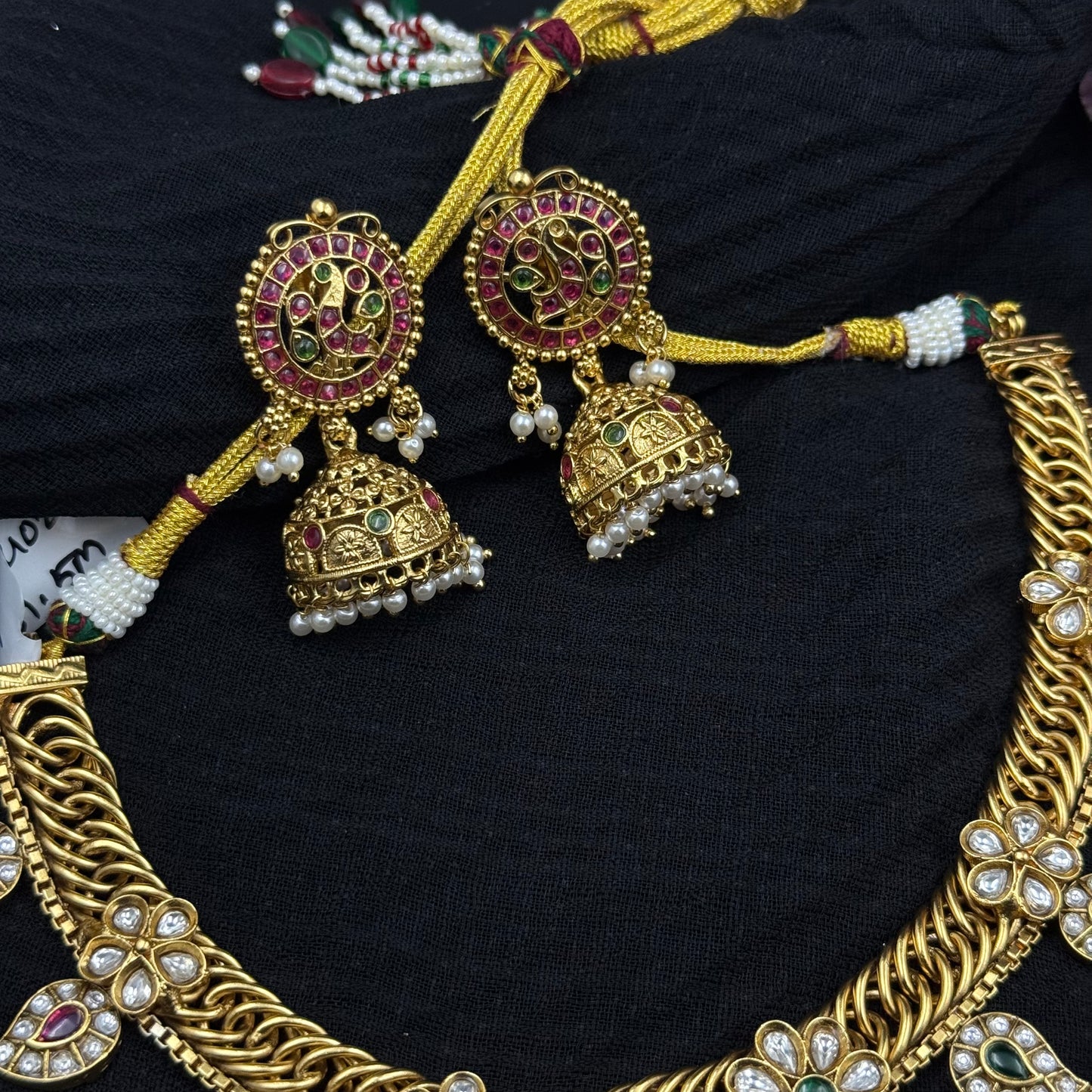 40208 Mango And Peacock Jalebi Necklace With Jhumkas