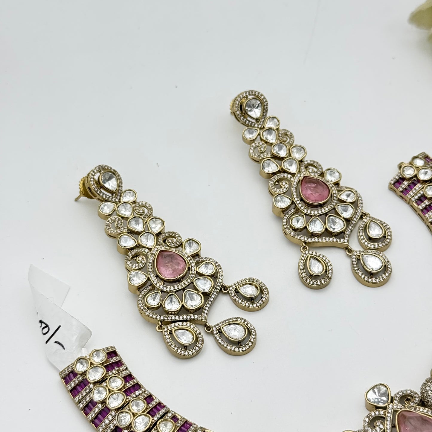 Victorian mint pink mozonite necklace with puch back heavy earrings