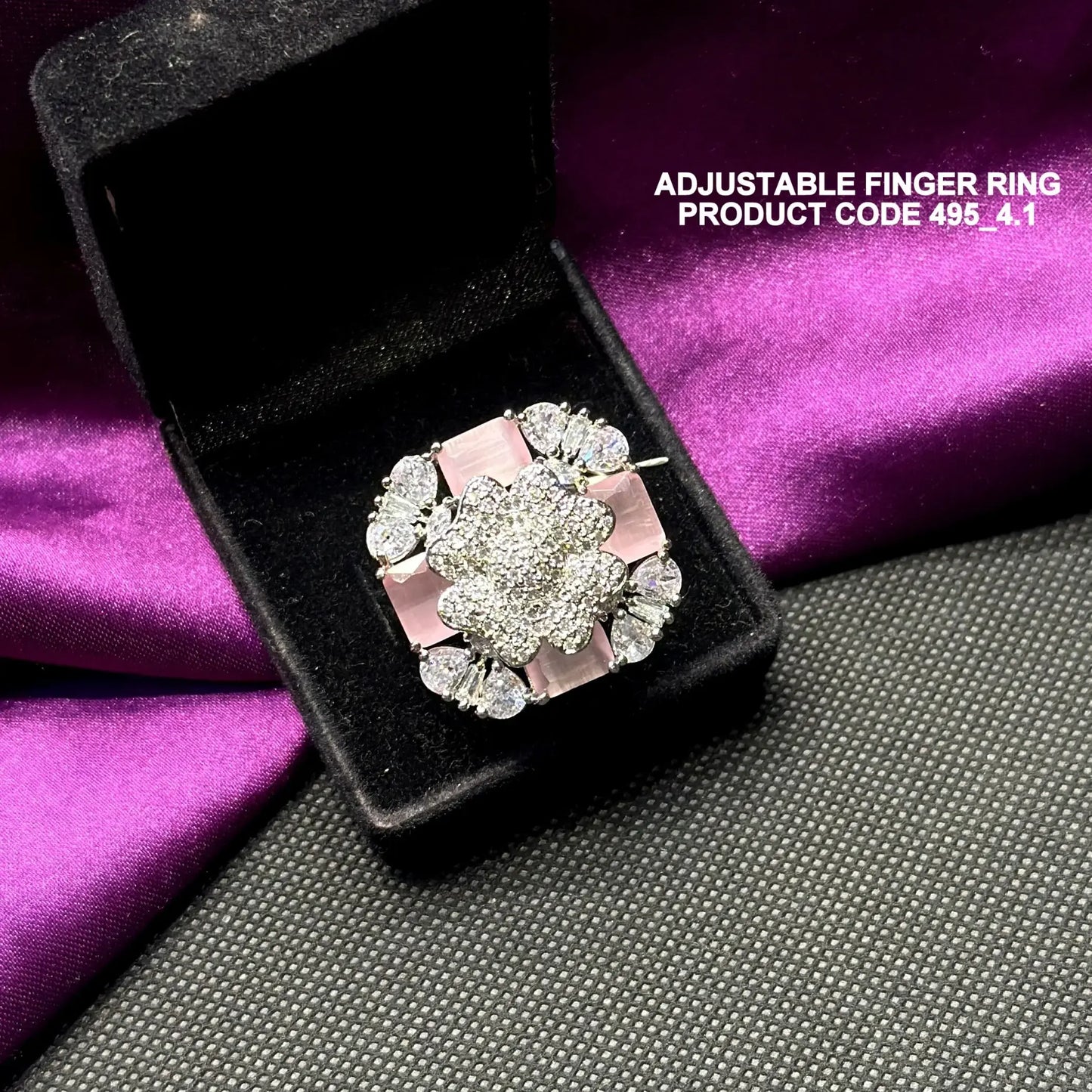 495 Platinum finish mint pink flower adjustable finger ring