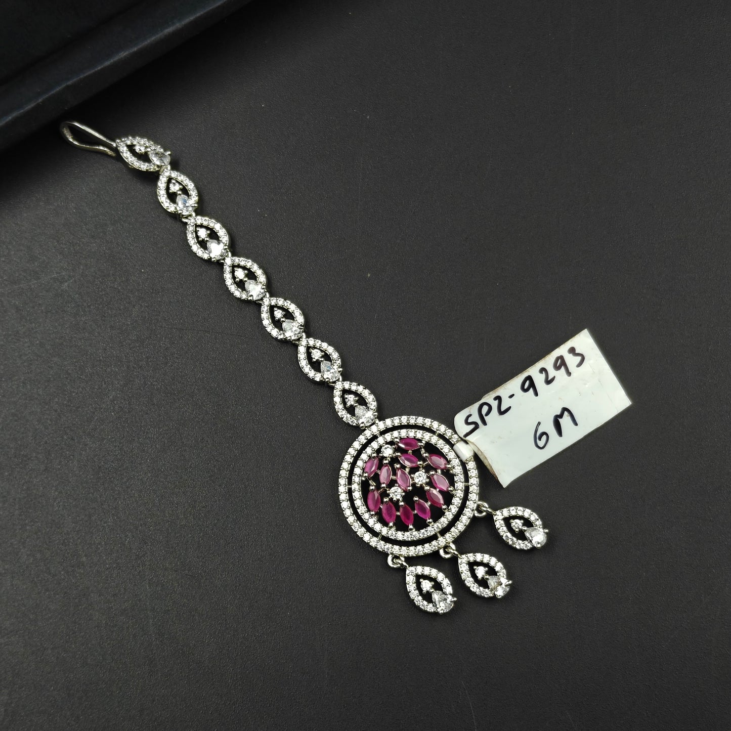 9293 Round design maangtikka with pink stones and white CZ crystals