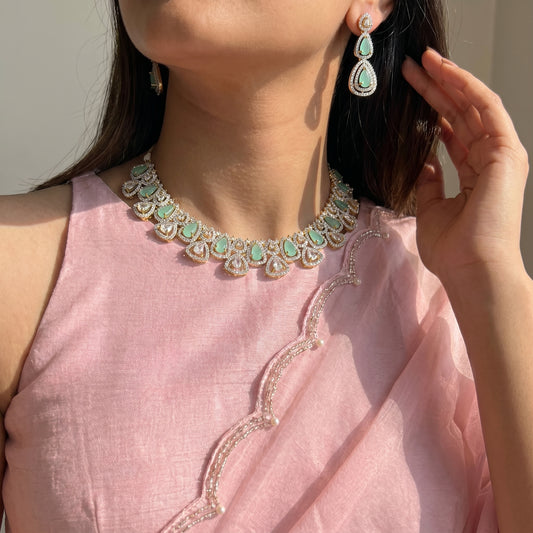 10033 Real diamond Look Mint/ light green stone necklace with hangings