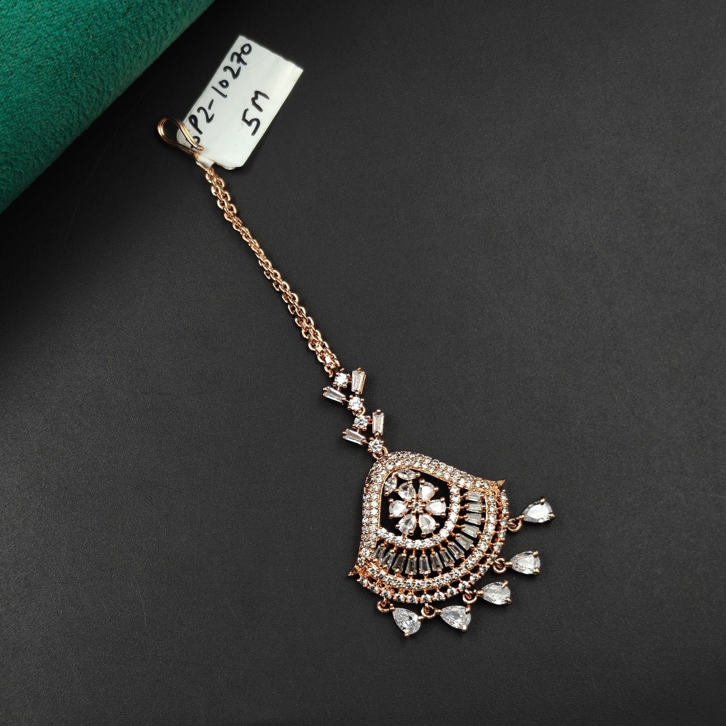 10270 Fan design rose gold maangtikka with white CZ crystals
