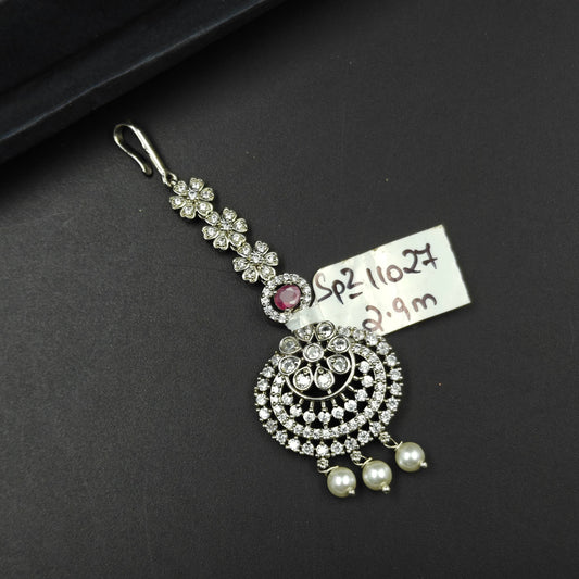 11027 Floral design maangtikka with white CZ stones and pearl drops