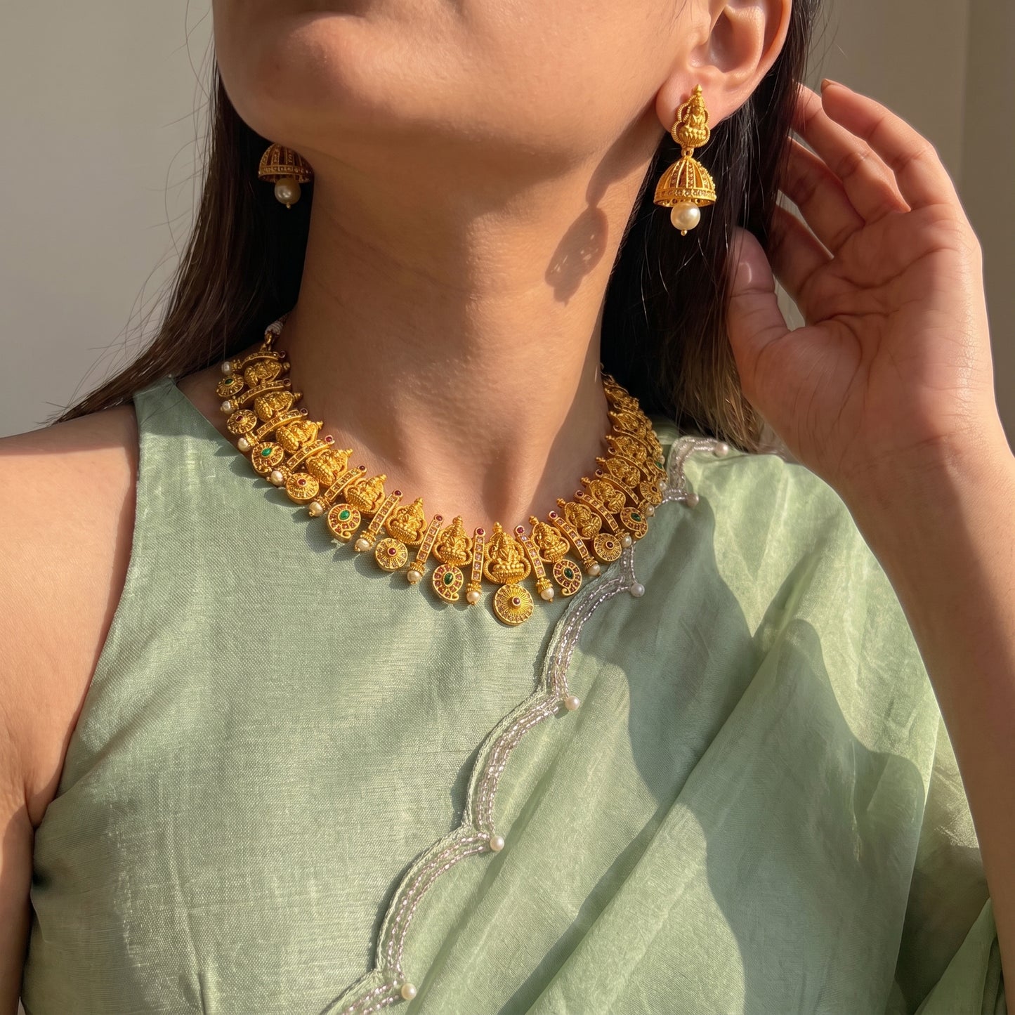 15303 Lakshmi single line Bottu and mango design necklace with Jhumkas
