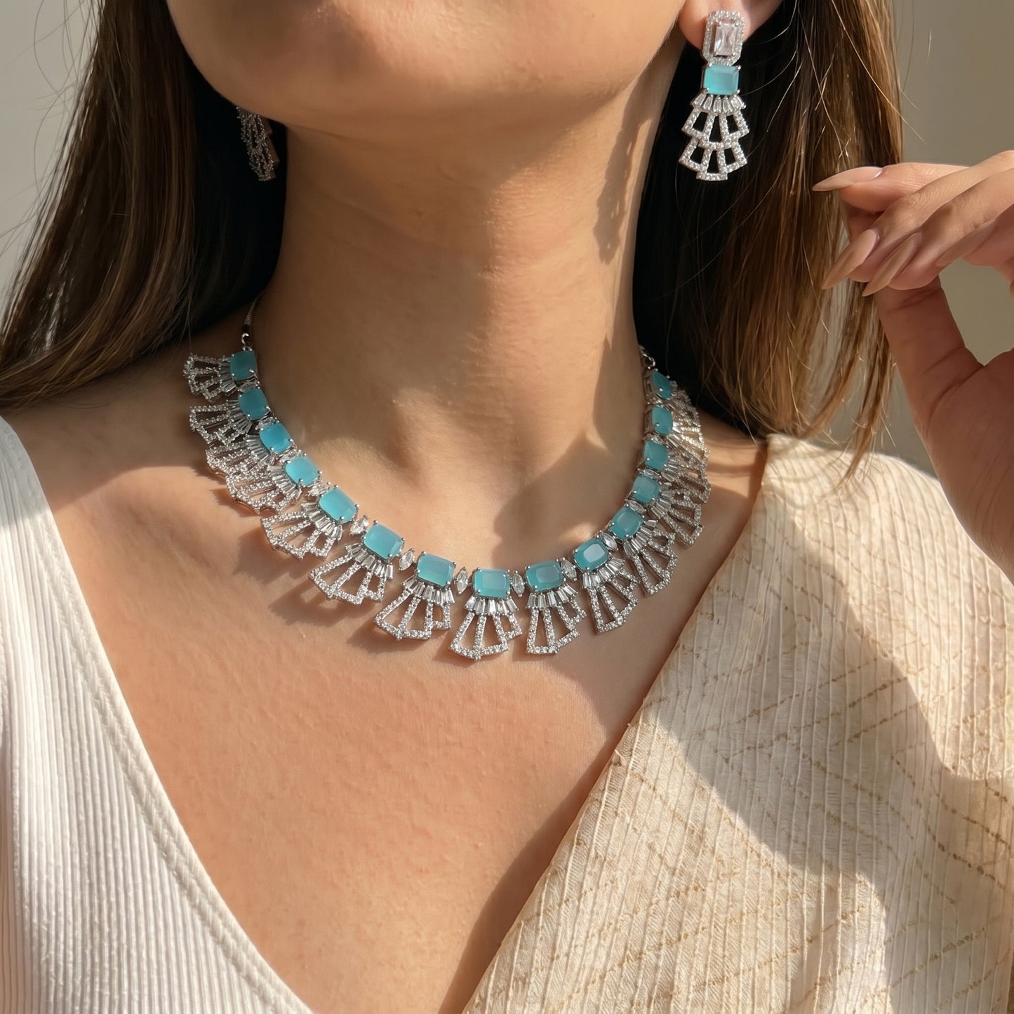 16157 1 Line Platinum Necklace Set Blue