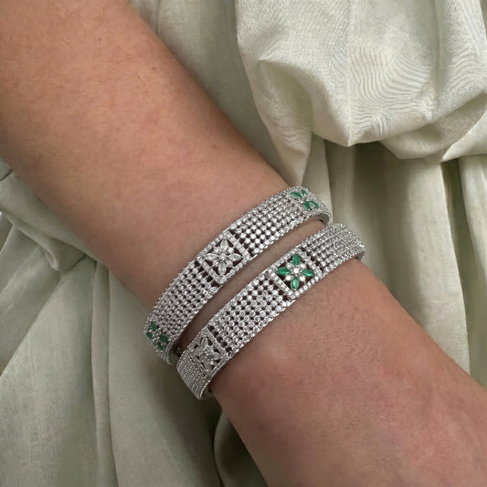 17192 GJ Floral Bangles Green And White Stones 2'8