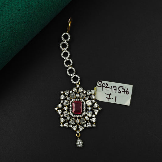 17576,17577 Square floral design maangtikka with red stone and white CZ crystals