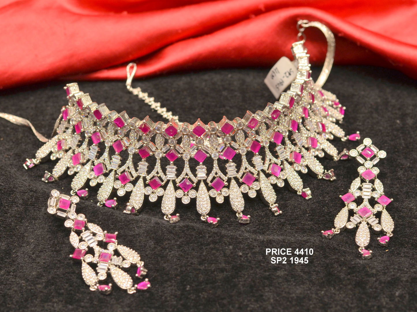 Platinum Polish Pink Stones choker with maangtika