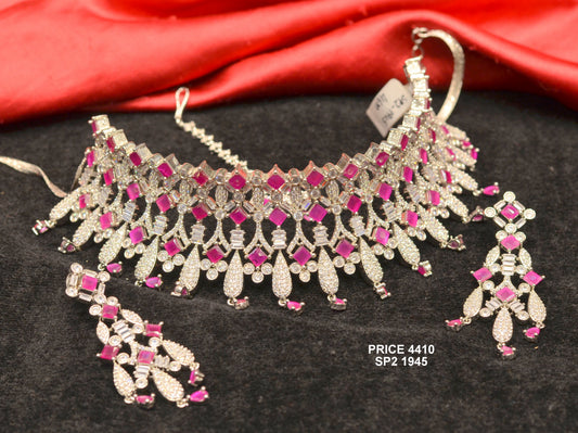 Platinum Polish Pink Stones choker with maangtika