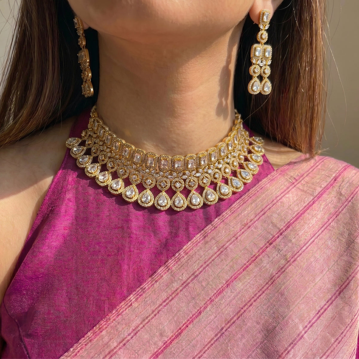 Gold Polish White AD Choker Set SP-1954