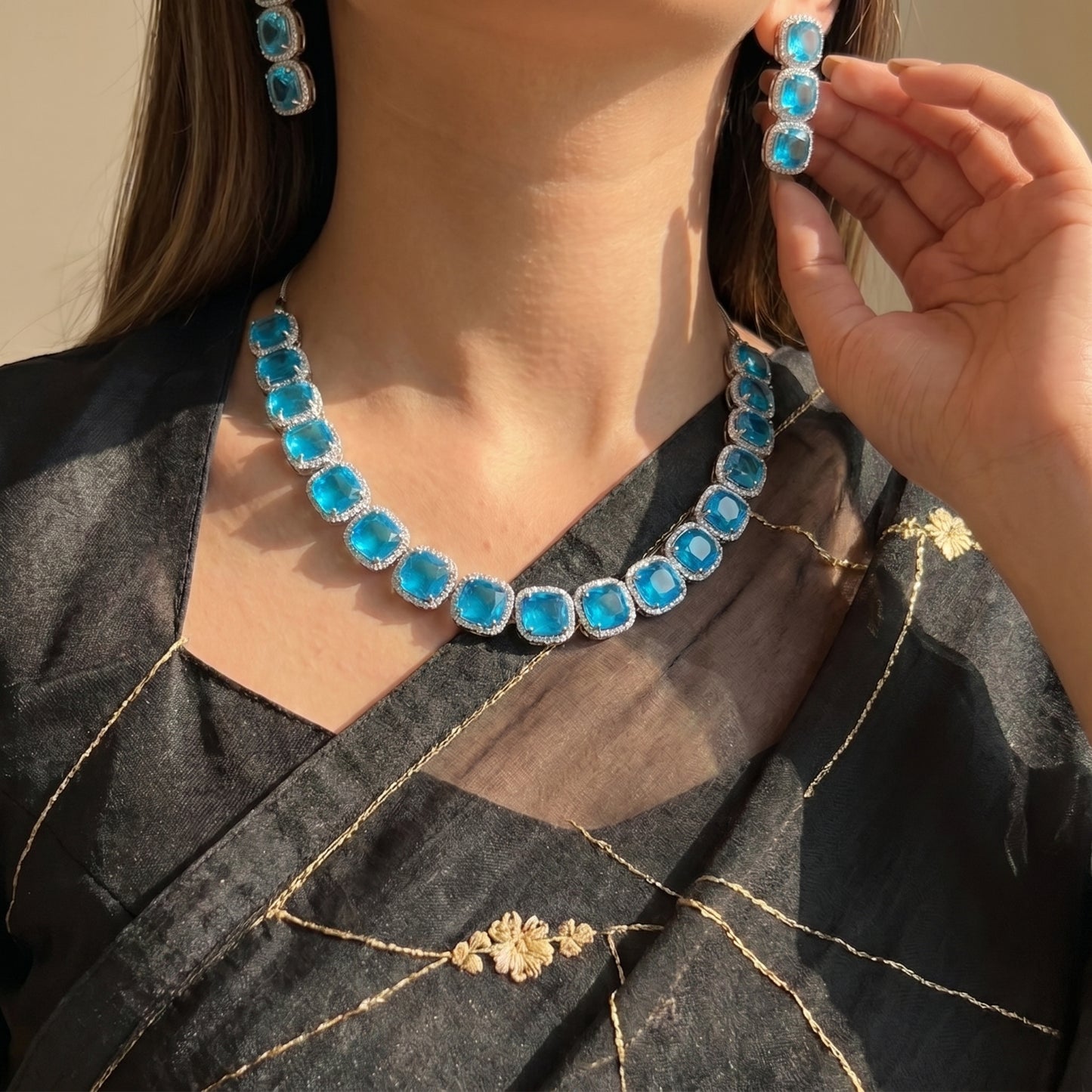 21797 / 21798 Platinum Big Stone Necklace Set Blue