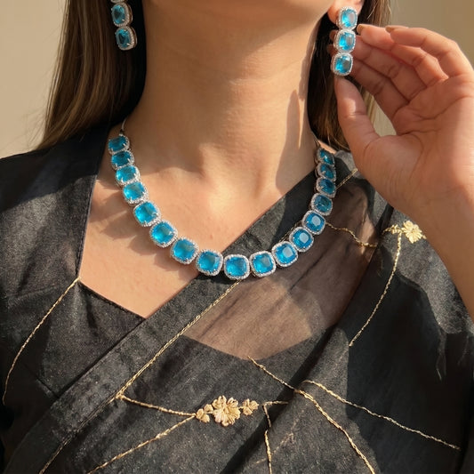 21797 / 21798 Platinum Big Stone Necklace Set Blue