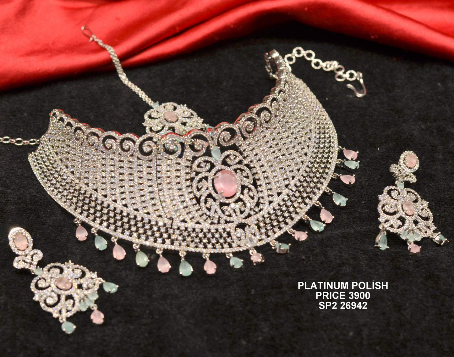 Fancy multi color Platinum choker with maangtika 26942