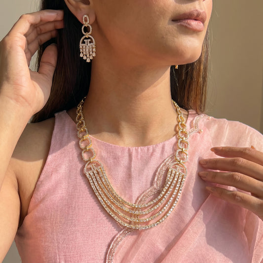28006 Real diamond look layer statement necklace with screwback earrings