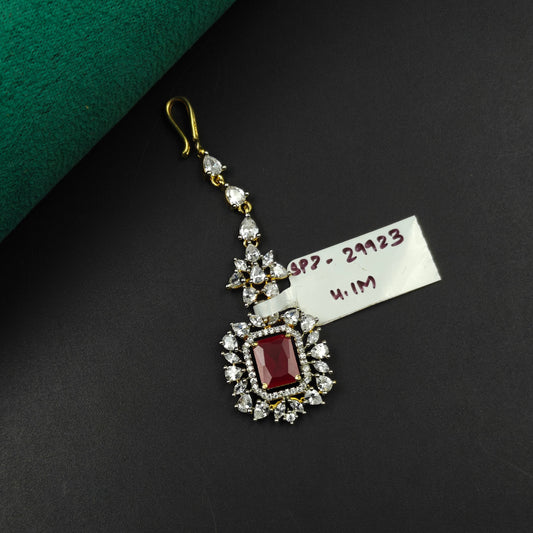 29923 Square design maangtikka with red stone and white CZ crystals