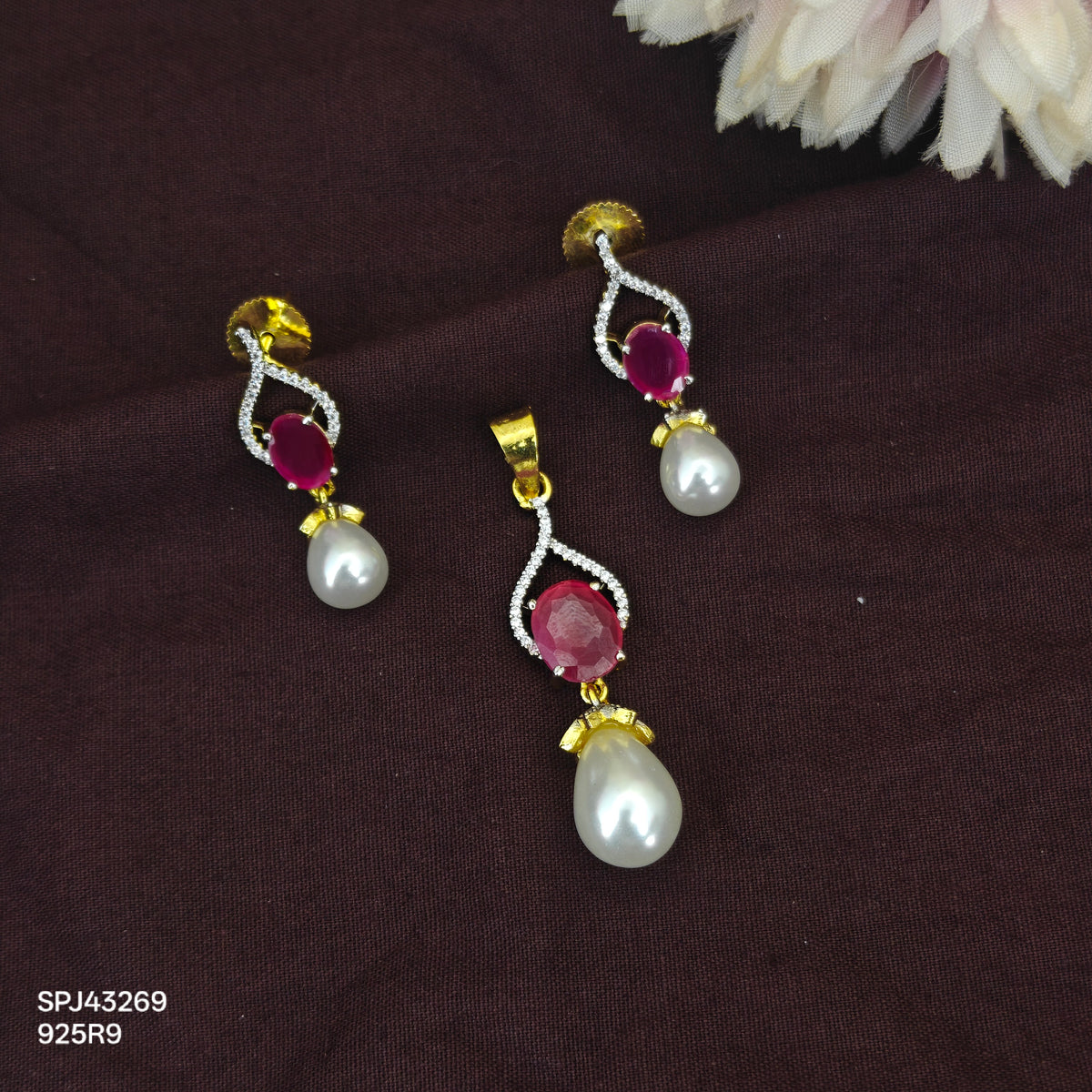43269 GJ Diamond look like oval pattern Ruby pendant set with push back earrings and drop pearl