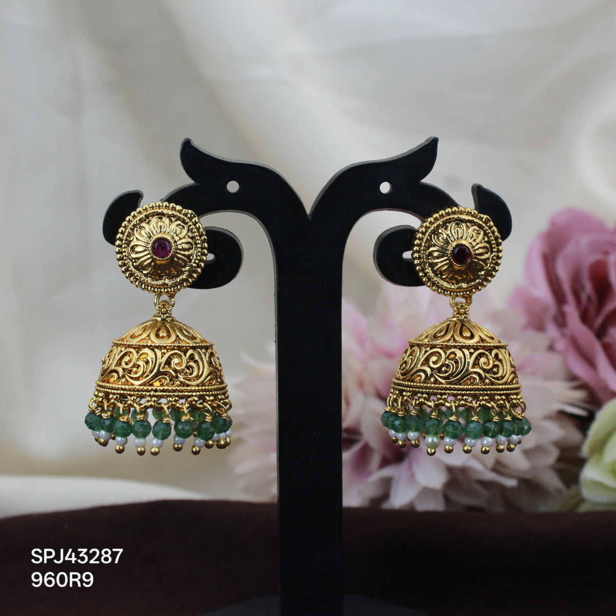 43287 Nakshi jadau kundan green beads jhumki with push back